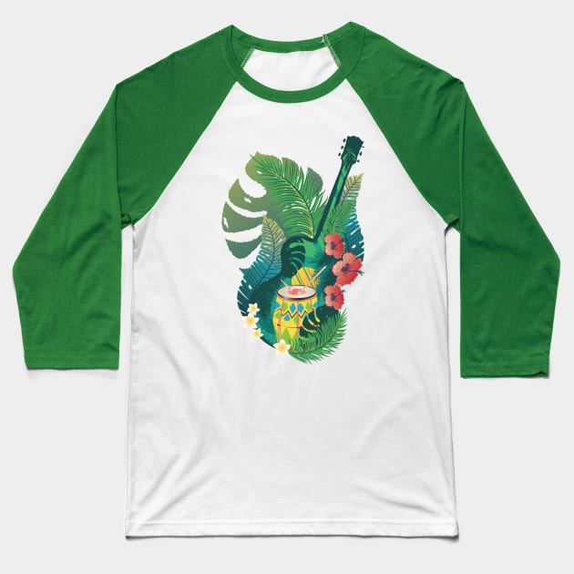 Retro guitar with drum and tropical leaves Baseball T-Shirt by AnnArtshock